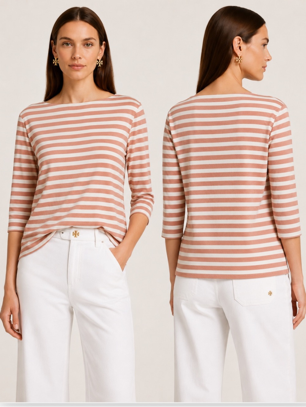 Tory Burch Virginia Top L Sailor Stripe Light Nectar Boatneck 3/4 Sleeve NWT